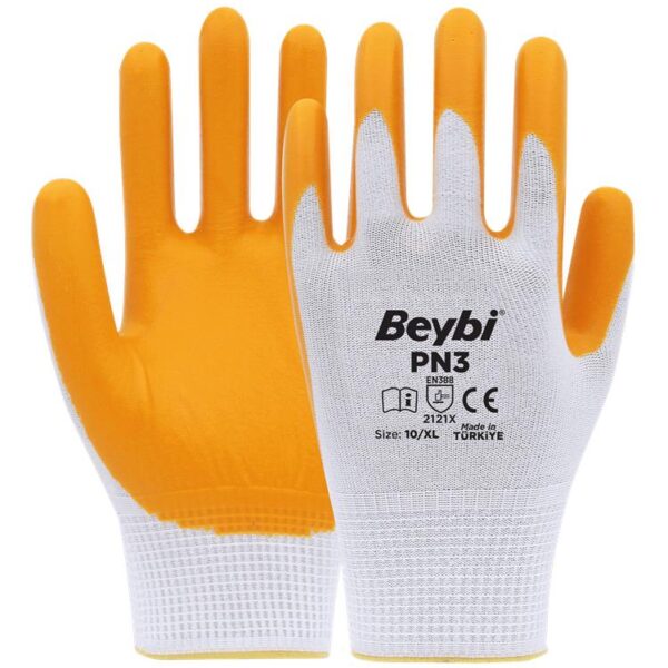 Beybi PN3 Beyaz Sarı 10 Beden Polyester Örme Nitril Eldiven 12li Paket EN388 (2121X)