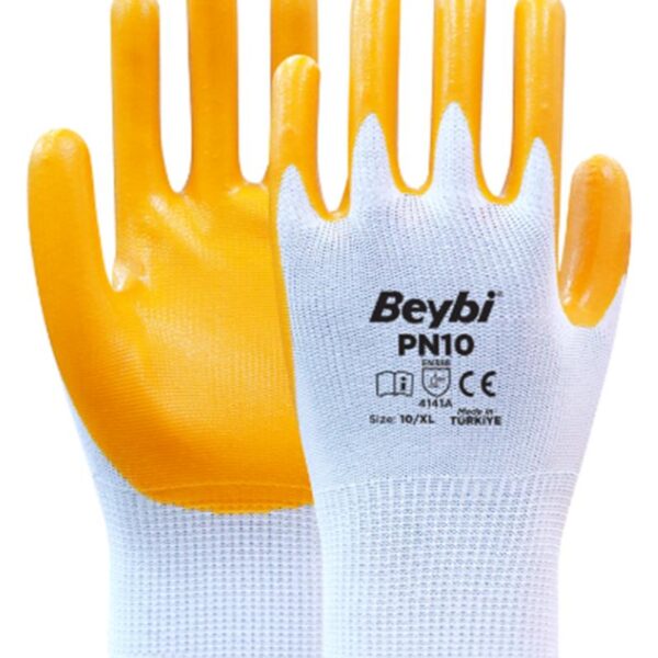 Beybi Nitril PMK PN10 9 Beden 12li Paket Polyester Örme Nitril Eldiven (4141A) Nitril 1-2 Kaplama