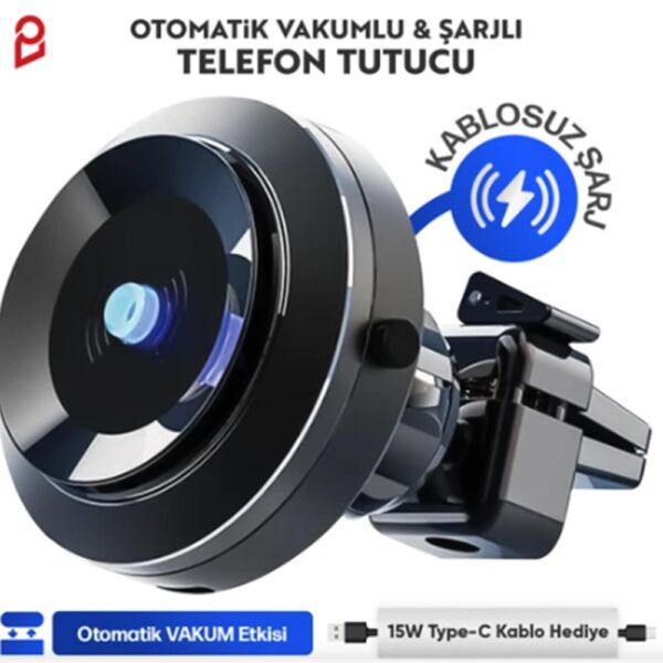 Enkado Otomatik Vakumlu Kablosuz Şarjlı Araç İçi Telefon Tutucu