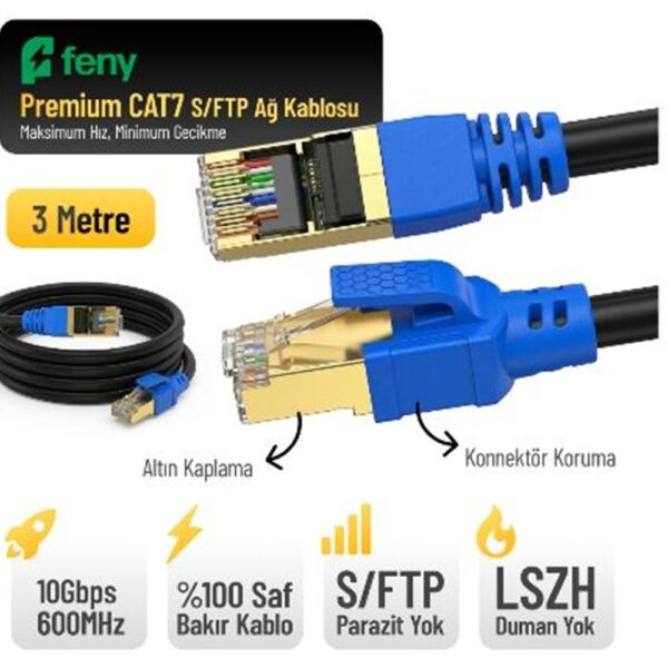 Feny FN-CAT7LS03 10GBPS İnternet 60MHZ 3 Metre CAT7 Gold Patch Kablo (Yanmaz- yüzde 100 Saf Bakır)