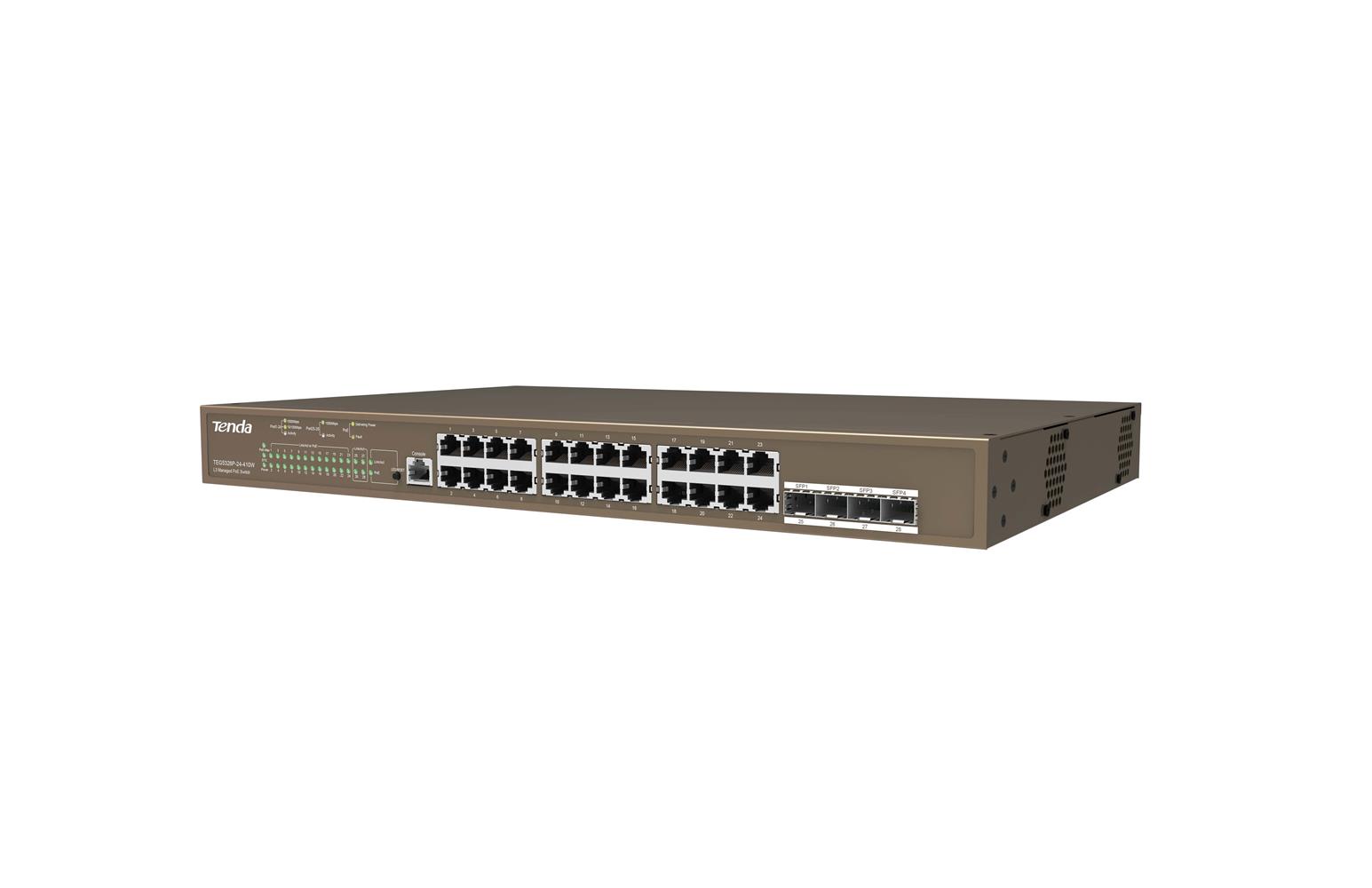 100006-1 Tenda TEG5328P-24-410W 24 Port Poe+ 10-100-1000 Switch 4 Port SFP L3 Çelik Kasa Rack Mount - Görsel 1