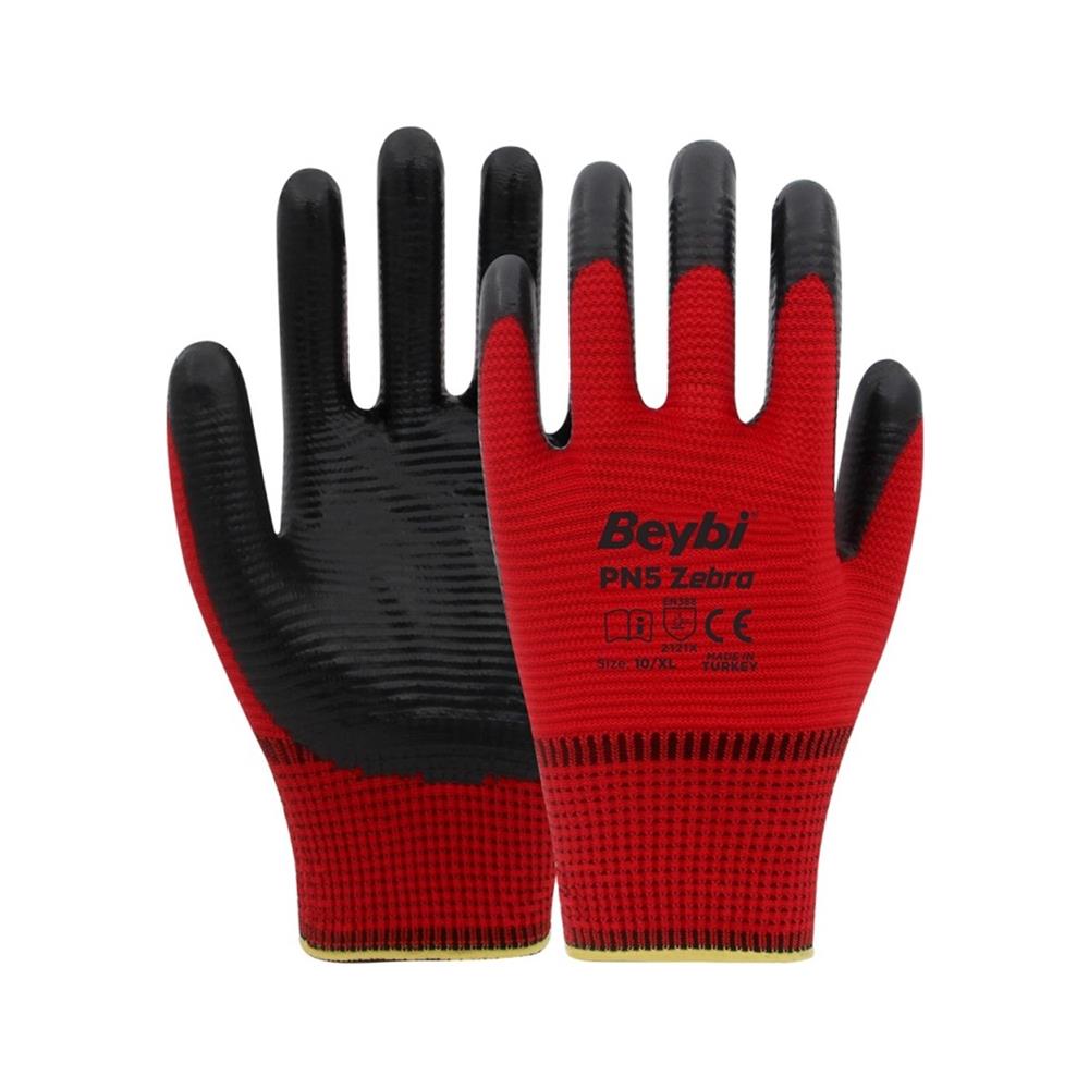 100946-1 Beybi Nitril PMK PN5 Zebra Kırmzı Siyah 10 Beden 12li Paket - Görsel 1
