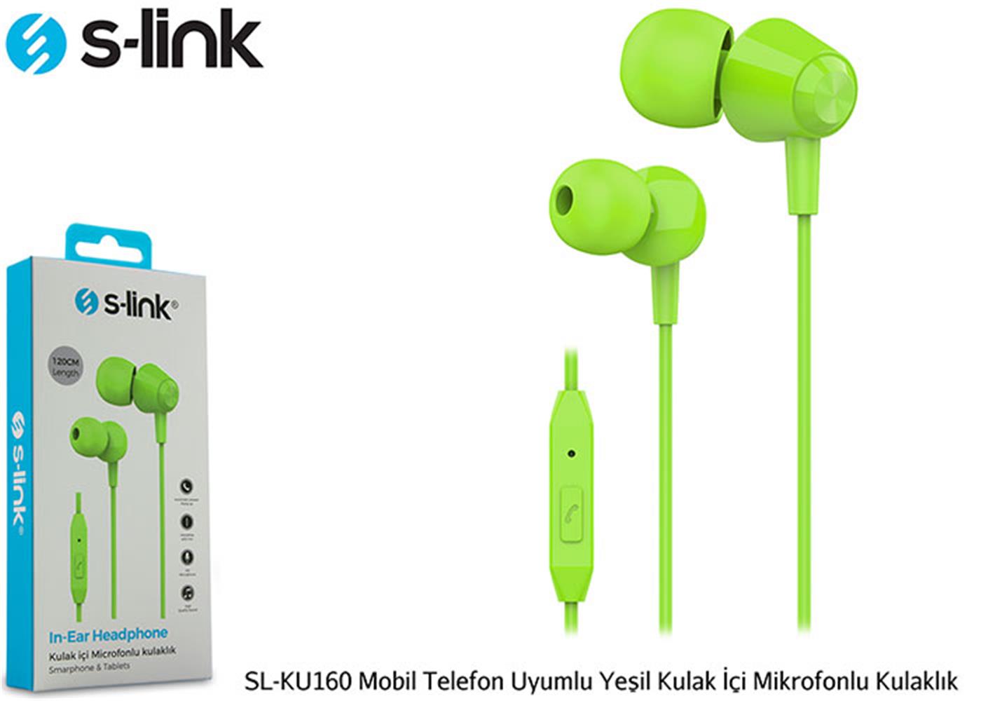 101726-1 S-link SL-KU160 Mobil Telefon Uyumlu Yesili Kulak İçi Mikrofonlu Kulaklık - Görsel 1