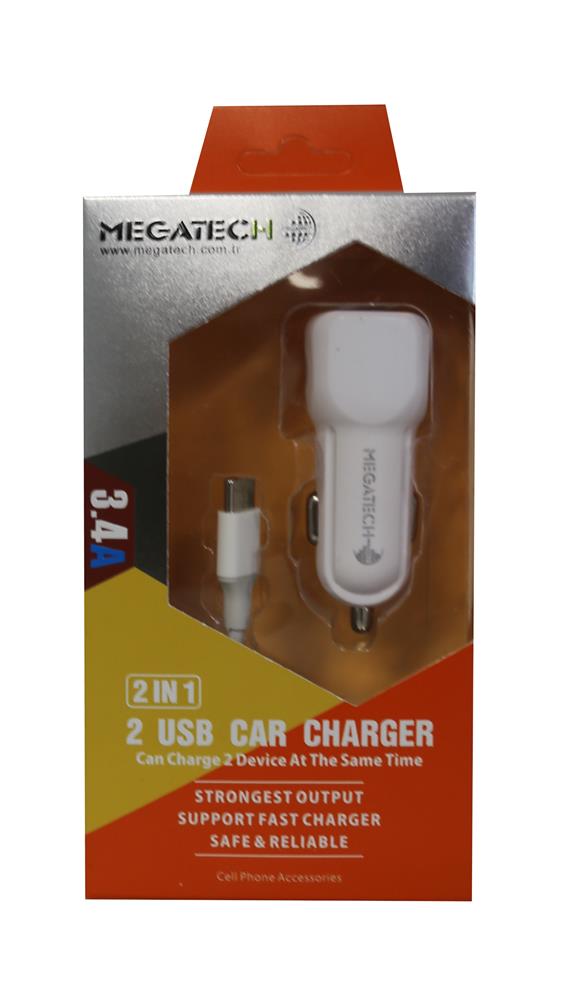 104841-1 Megatech T05 2Usb 3.4A Beyaz Araç Çakmaklık Şarj Cihazı - Görsel 1