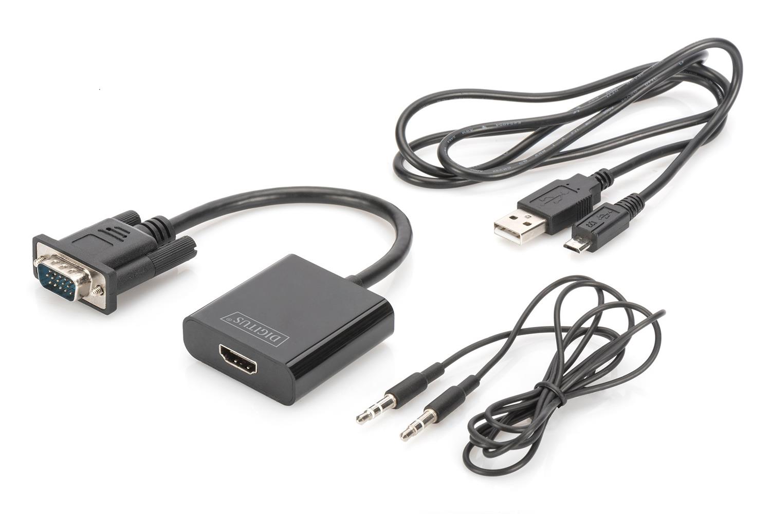 105178-1 Digitus DA-70473 VGA - HDMI Çevirici + Ses (3.5mm), Full HD (1080p), Kablolu, 15 cm, Siyah Renk - Görsel 1