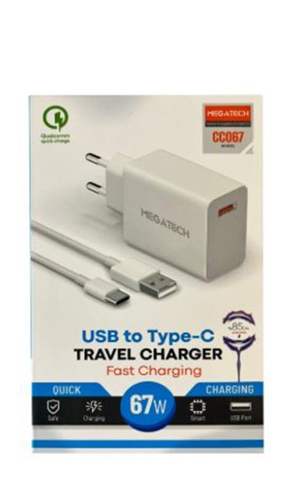 109571-1 Megatech 67w Turbo Şarj Gösterme EvŞarj Kafa + Type-C Şarj Kablosu - Görsel 1