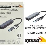 Speed UET01 10-100-1000 USB - Type c 3 Port USB 3.0 Çoklayıcı Gigabit Ethernet Çevirici