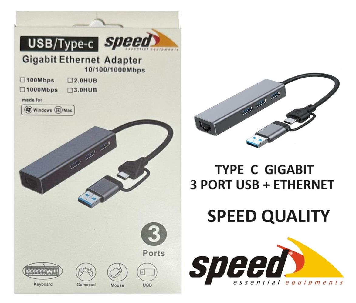109957-1 Speed UET01 10-100-1000 USB - Type c 3 Port USB 3.0 Çoklayıcı Gigabit Ethernet Çevirici - Görsel 1