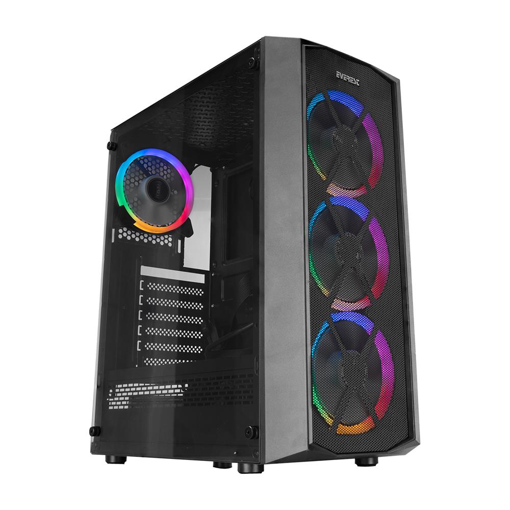 113806-1 Everest Flat Mesh 4-12cm Rgb Fan Tempered Camlı Atx Mid-t Gaming Oyuncu Kasası - Görsel 1