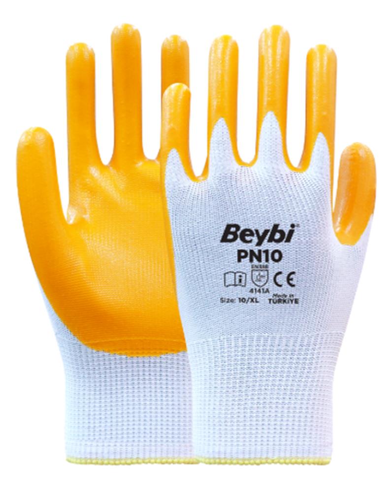 114742-1 Beybi Nitril PMK PN10 9 Beden 12li Paket Polyester Örme Nitril Eldiven (4141A) Nitril 1-2 Kaplama - Görsel 1