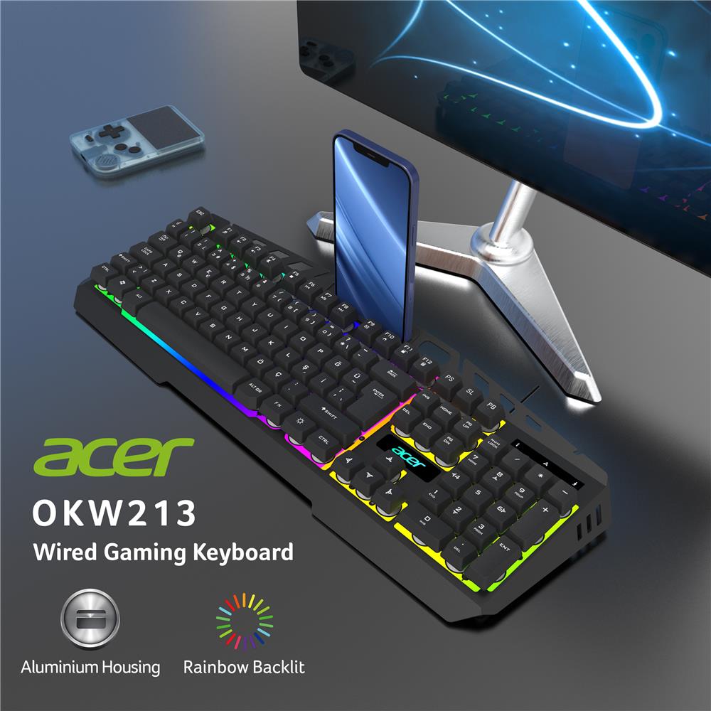 114955-1 Acer Okw213 Siyah Rgb Rainbow Backlit Gaming Keyboard Rainbow (kablo Uzunluğu 1,5mt) - Görsel 1