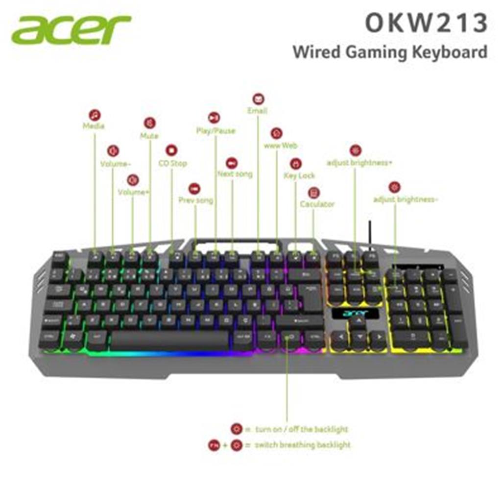 114956-1 Acer Okw213 Gri Rgb Rainbow Backlit Gaming Keyboard Rainbow (kablo Uzunluğu 1,5mt) - Görsel 1