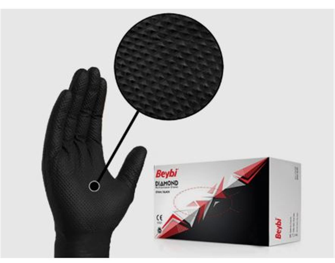 115489-1 Beybi Diamond L Beden Pudrasız Kalın Siyah Nitril Eldiven Large (Kutuda 100 Adet) - Görsel 1