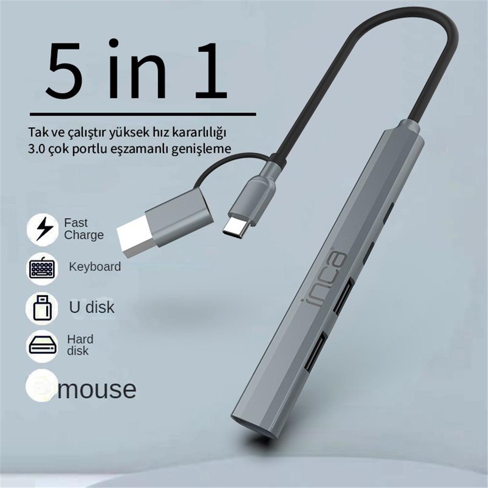 116481-1 Inca Iutp-06tx 5in1 Usb 3.0 + 2xusb 2.0+type-c+pd 100w Usb+type-c Çoklayıcı 3.0 İle 5 Gbps - Görsel 1