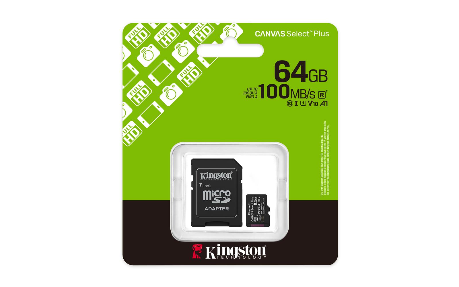 116748-1 Kingston SDCS3-64GB 64GB microSDXC Canvas Select Plus Gen3 100MB-s A1 Card + Adapter Hafıza Kartı - Görsel 1