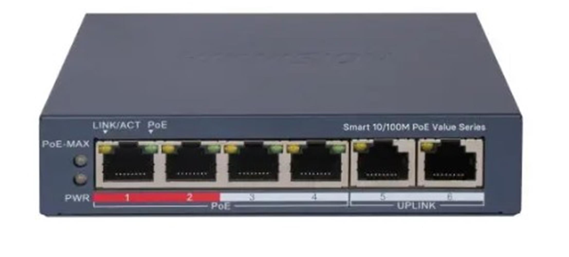 117123-1 Hikvision DS-3E1106P-EI-M 4 Port PoE 10-100 2-Uplınk Yönetilemez Switch - Görsel 1