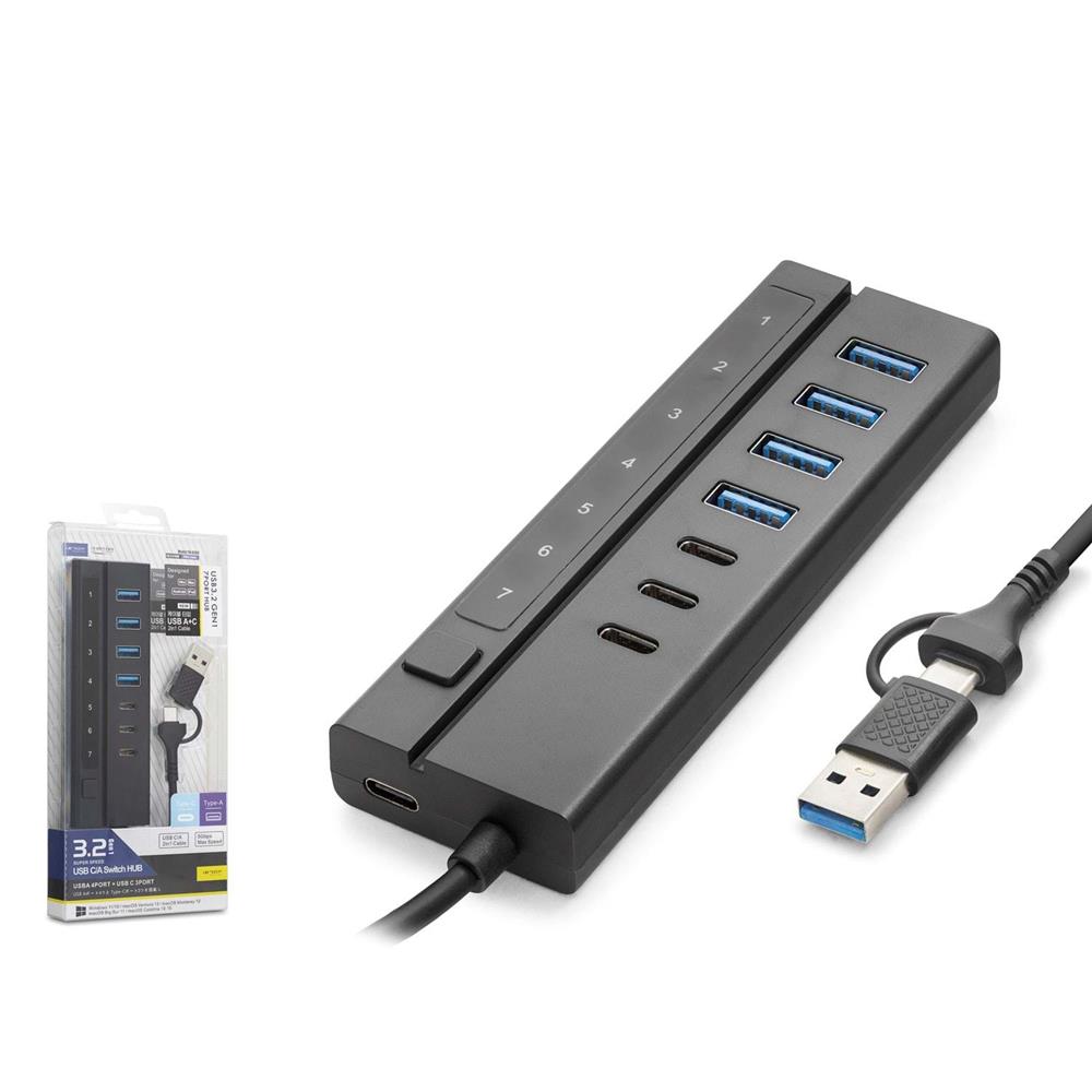 118838-1 Hadron HDX7062 7 Port Usb Hub 5Gbps 4x Usb-A 3.2 + 3x Usb-C 3.2 7 Port 2in1 Kablolu Çoklayıcı Siyah - Görsel 1