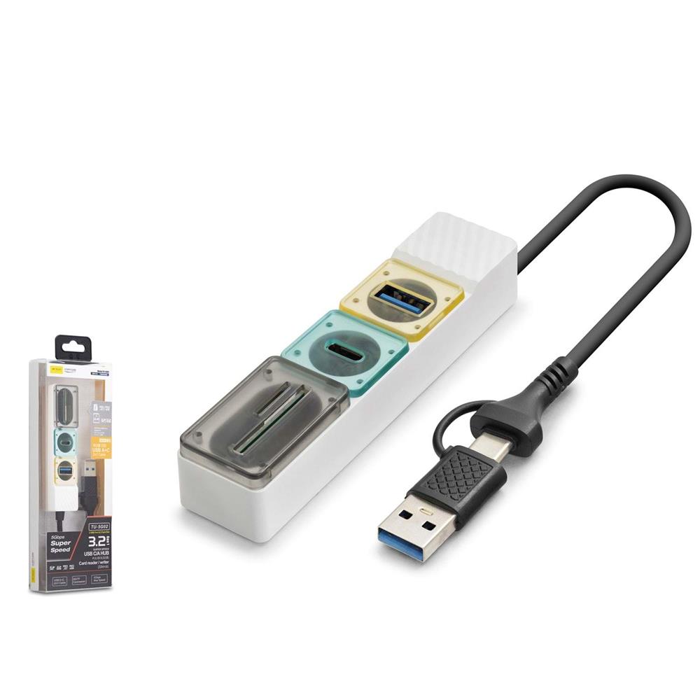118841-1 Hadron HDX7058 Hub 5Gbps 1x Type-C 3.2+1xUsb-A 3.2+SD+microSD 4 Port 2in1 Kablolu Kart Okuyu Beyaz - Görsel 1