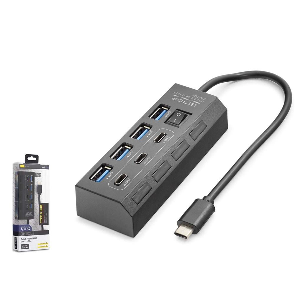 118842-1 Hadron HDX7057 İetop Type-C Hub 5Gbps 3x Type-C 3.2 + 4x Usb-A 3.2 7 Port Anahtarlı Çoklayıcı Siyah - Görsel 1