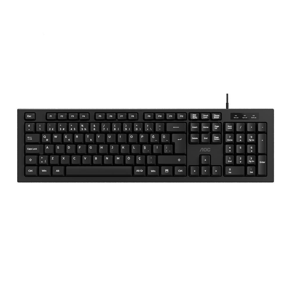 118946-1 Aoc Kb130b-38 1,8mt Kablo Uzunluğu Usb Siyah Türkçe Kablolu Standart Klavye,sessiz Yazma - Görsel 1