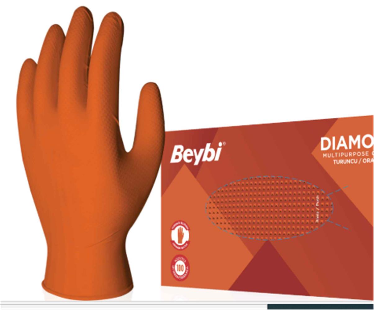 119278-1 Beybi Diamond Pudrasız L Beden Kalın Turuncu Nitril Eldiven Large 100 Adet - Görsel 1