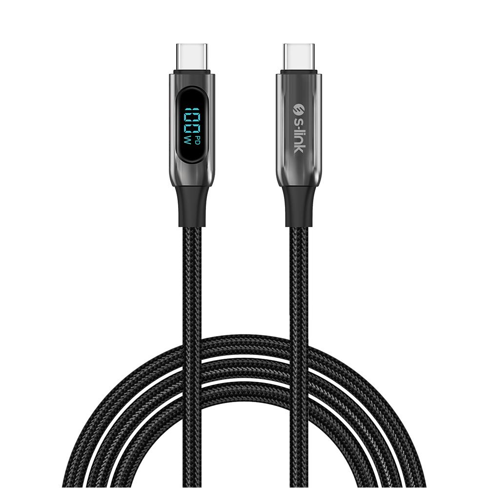 119778-1 S-link Armor Led Lcc-0100 100w 1m Type-c To Type-c Pd Örgülü Led Başlıklı Siyah Hızlı Şarj Kablosu - Görsel 1