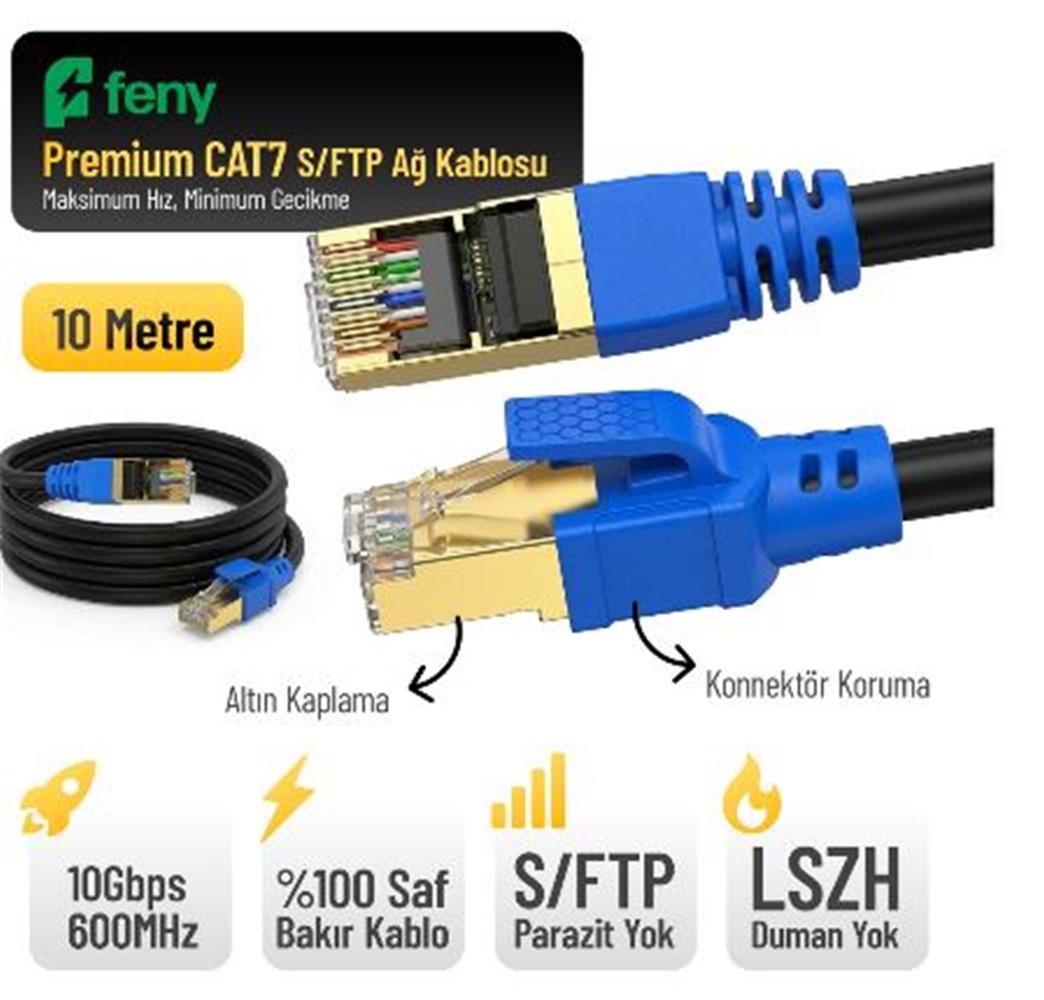 119937-1 Feny Fn-cat7ls10 10gbps İnternet 600mhz 10 Metre Cat7 Gold Patch Kablo (yanmaz- Yüzde 100 Saf Bakır) - Görsel 1