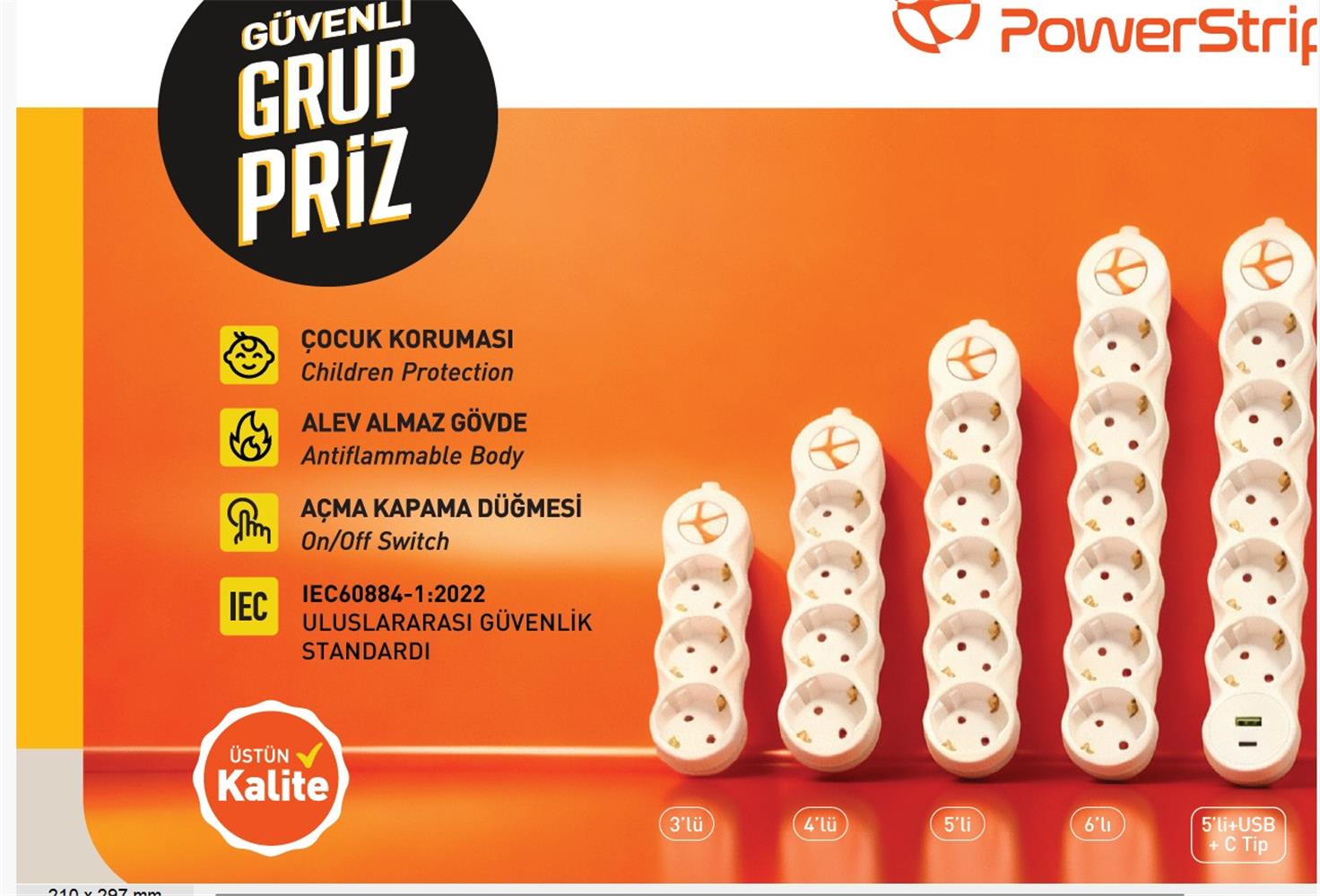 120863-1 TUNCMATIK POWERSTRIP5 5 li 3m IEC 66884-1:2022 Standartı, FR(Alev Almaz)anahtarlı grup priz - Görsel 1