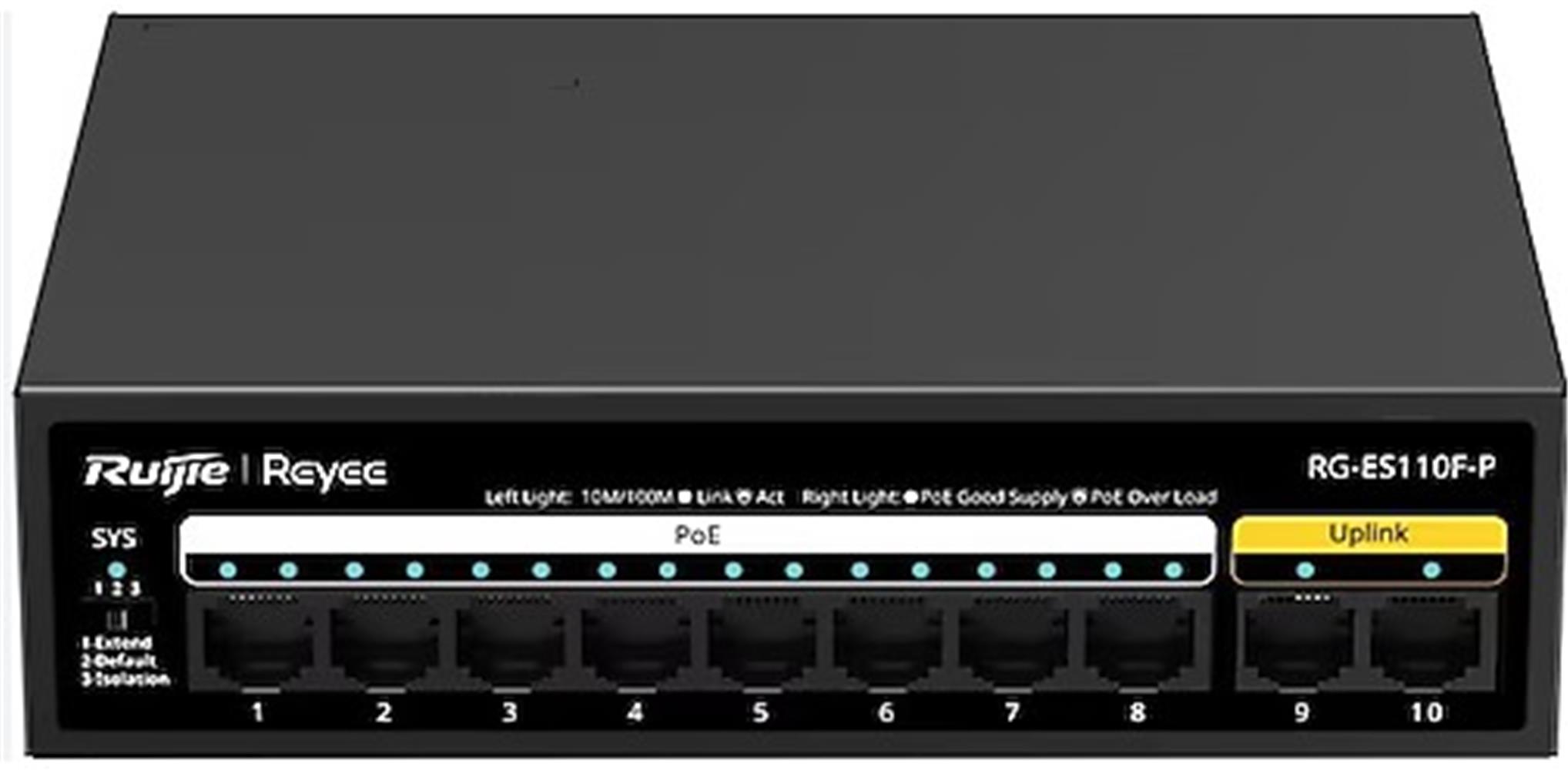 121182-1 Ruijie-Reyee RG-ES110F-P 10 Port 10-100 Mbps 8 Port 10-100 PE 110W Switch - Görsel 1