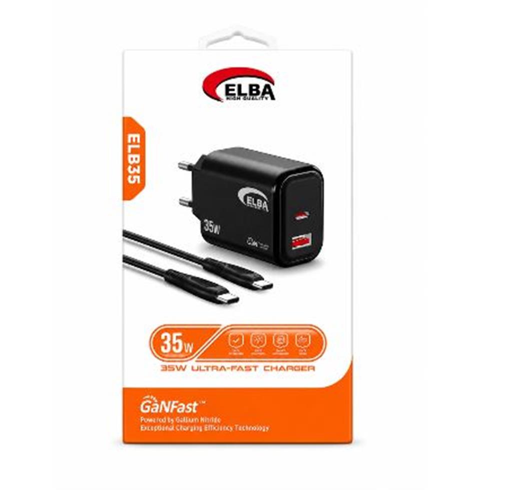 121502-1 Elba Elb35 35w Siyah Ev Şarj Kafa+ Type C To Type C Kablo ( Ganfast Teknoloji ) Şarj Aleti - Görsel 1