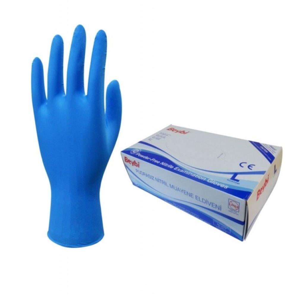 82068-1 Beybi Pudrasız Nitril Mavi (l) Large Beden Muayene Eldiven 100lü Paket - Görsel 1