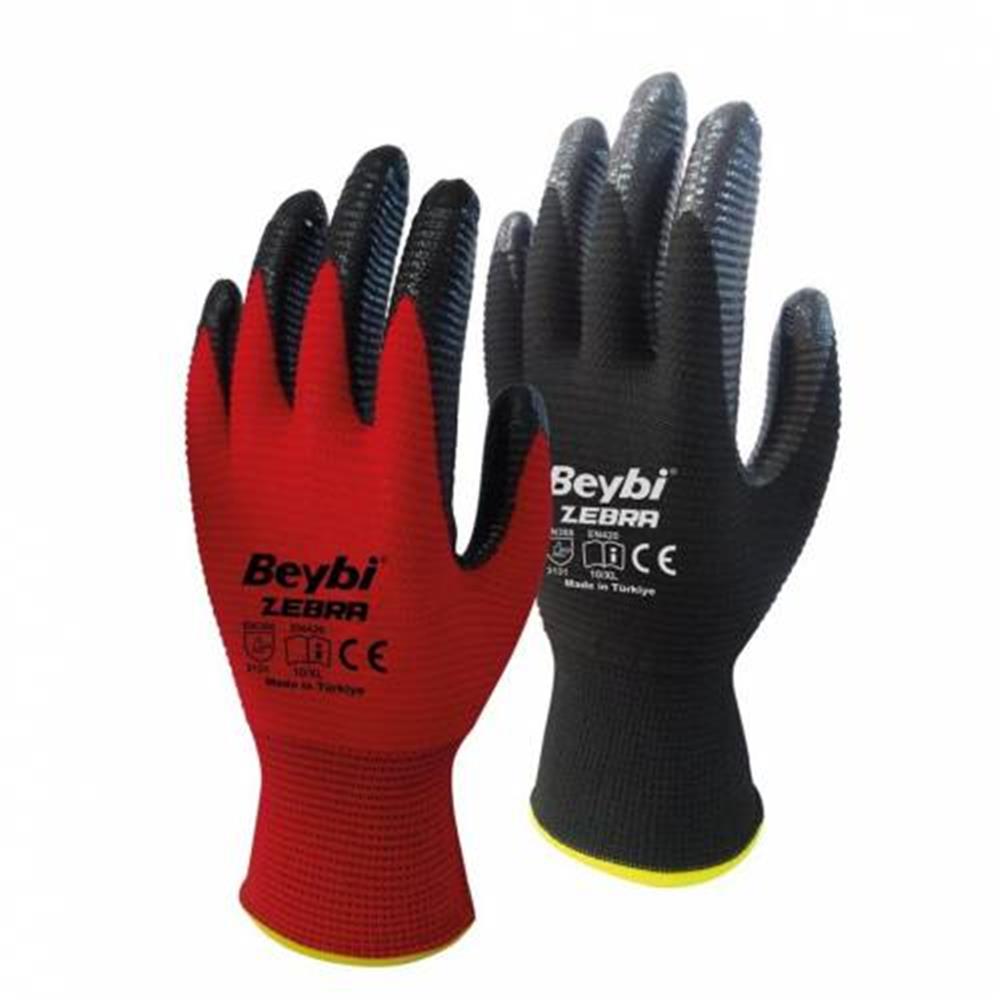 82395-1 Beybi Nitril Poly PNzebra 9 Beden Kırmızı Siyah Eldiven 12li Paket EN388 (3131X) - Görsel 1