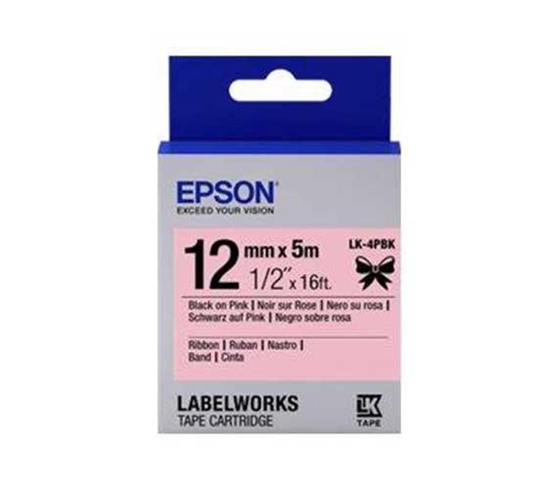 83549-1 Epson LK-4PBK Pembe Üzeri Siyah Kurdele 12mm 9 Metre - Görsel 1