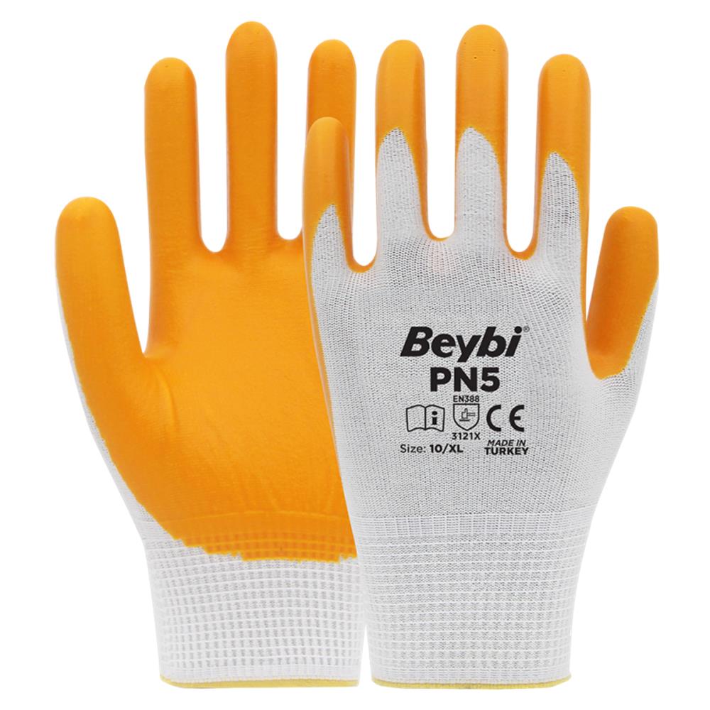 96298-1 Beybi Nitril PMK PN5 Beyaz Sarı Örme Polyoster Nitril 10 Beden 12li Paket EN388 (3121X) - Görsel 1