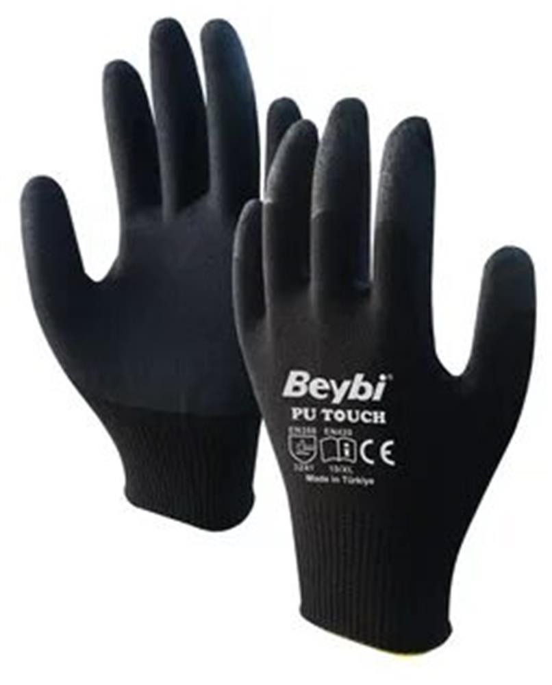 98101-1 Beybi 10 Beden 12li Paket Poliüretan Kaplı Pu Touch Siyah Montaj Eldiven En388 (3121x) - Görsel 1